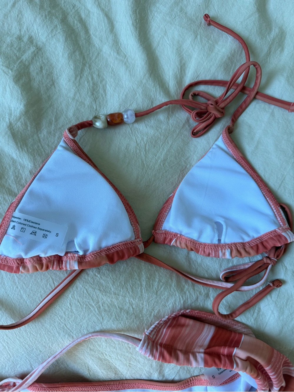 COMMENSE Coral Watercolor Stripe Beaded Triangle Bikini Set S - Picture 3 of 7